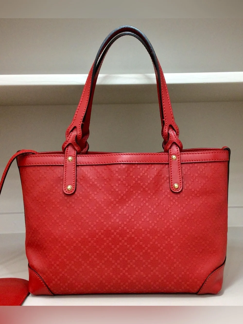 Authentic Gucci Small Diamante Craft Tote Canvas Leather with Pouch Red Bag